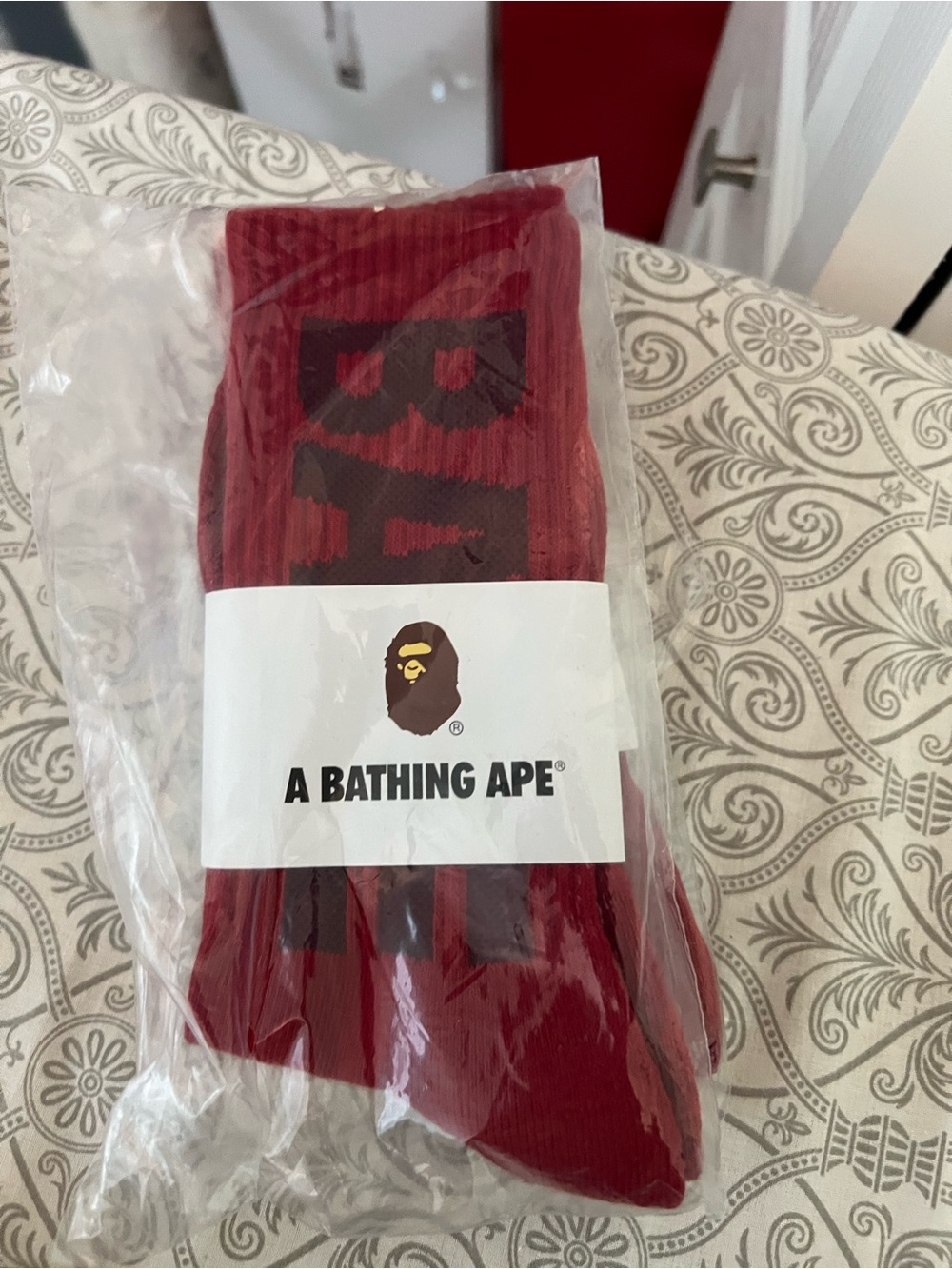Bape Men's Crew Socks in Deep Red with Black Logo